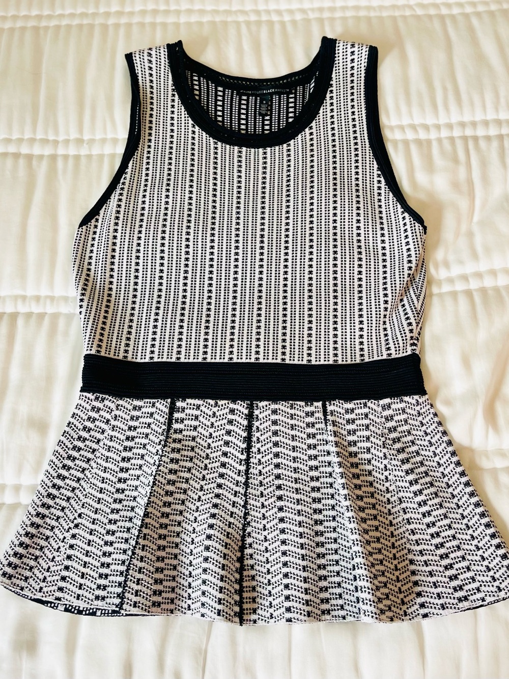 White House Black Market Black and White Knit Peplum Tank